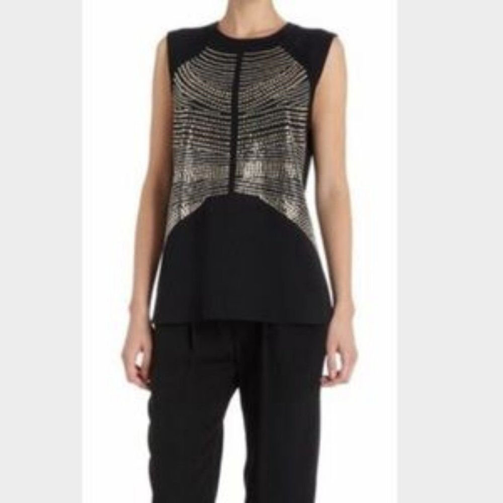 *Womens A.L.C. Black Silver Studded Back Button-Up Silk Blouse Top S/P